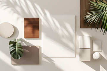 Traditional business card mock-up showing blank paper cards in different sizes with plants casting natural shadows om the scene photographed from above