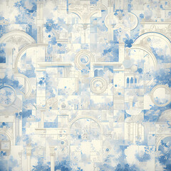 Bright and Elegant Opulent Wallpaper Print with Blue Floral Patterns and Classic Architecture Elements