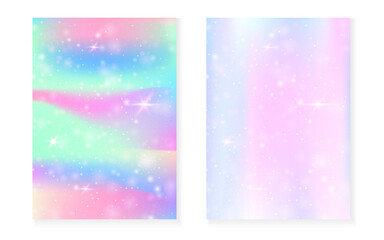 Magic background with princess rainbow gradient. Kawaii unicorn hologram. Holographic fairy set. Trendy fantasy cover. Magic background with sparkles and stars for cute girl party invitation.