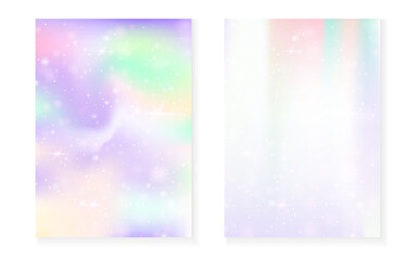 Princess background with kawaii rainbow gradient. Magic unicorn hologram. Holographic fairy set. Creative fantasy cover. Princess background with sparkles and stars for cute girl party invitation.