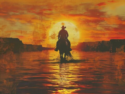 silhouette of a cowboy riding a horse, wading through the water against the backdrop of a sunset behind a mountain. An iconic Western scene, evoking a sense of adventure and freedom. 