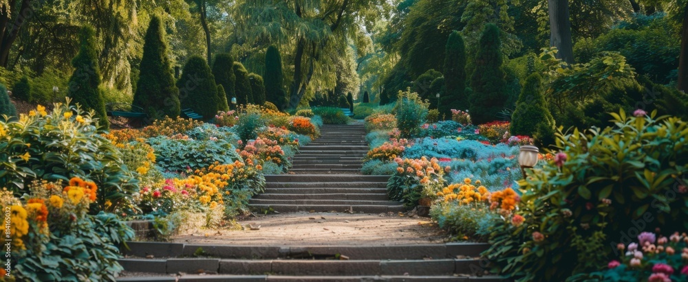 Poster beautiful flower garden with colorful flowers and lush greenery, surrounded by trees and shrubs path