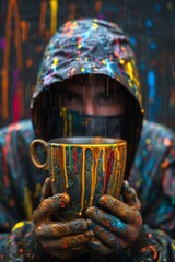 A person in a hoodie holding up a cup covered with paint, AI