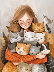 A girl is hugging a lot of cats. She has a happy expression on her face. The cats are of different colors and sizes.