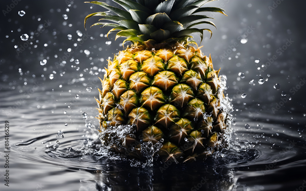 Wall mural pineapple splashed with water droplets, close-up with a black blurred background - Wall murals
