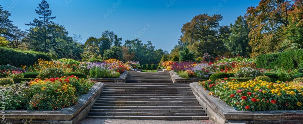 Poster beautiful flower garden with colorful flowers and greenery, surrounded by trees in the background th