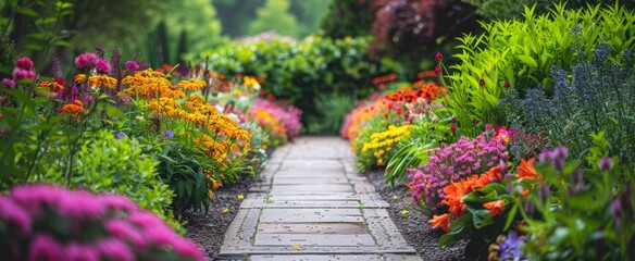 stone path leads to the center of an elegant formal English country style garden filled with various types of blooming flowers Generative AI