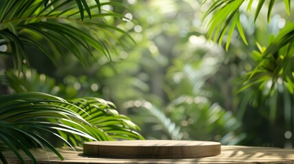 The lush green leaves of the palm trees create a natural frame for the wooden platform, which is bathed in soft sunlight