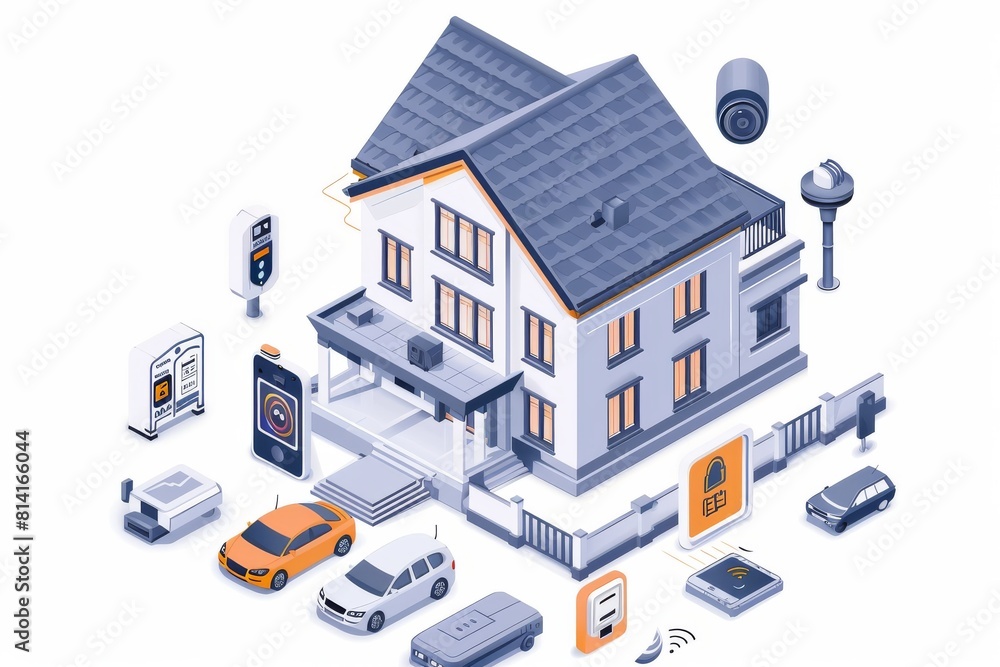Poster monitor family homes using security cameras with voice enabled security, sensors on entry points, an
