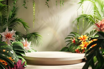 Tropical forest podium with exotic flowers and soft, natural lighting, perfect for presenting organic beauty products