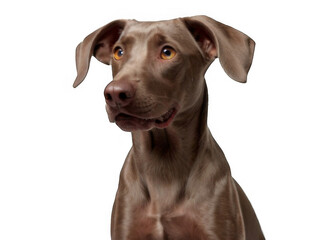 Cute playful dog or pet playing and looking happy isolated on transparent background. A small brown weimaraner posing. Cute and happy dog ​​head on transparent png