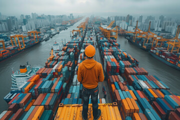 A cargo port worker inspecting the container ship docked at sea, with cranes and containers in the background