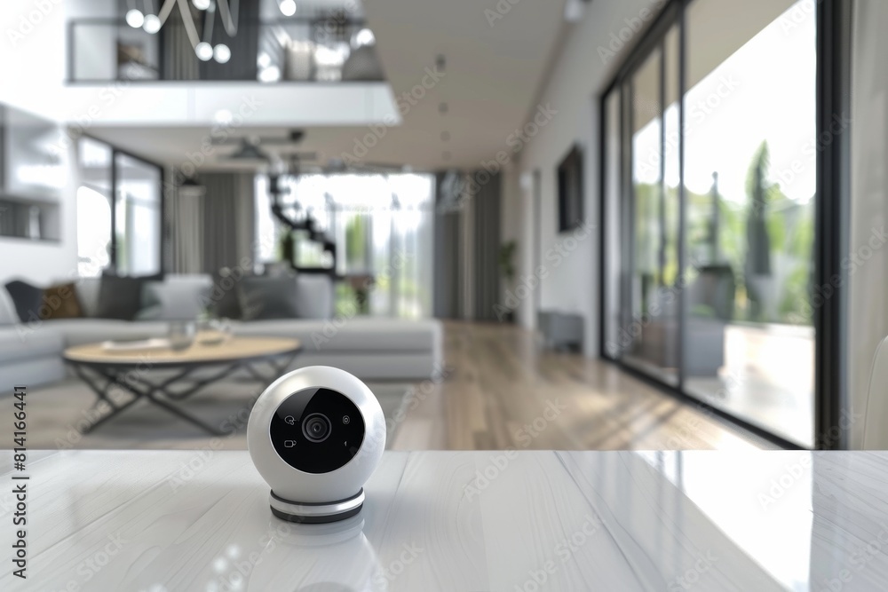 Poster active monitoring with security cameras, equipped with sensors on entry points, secures family homes