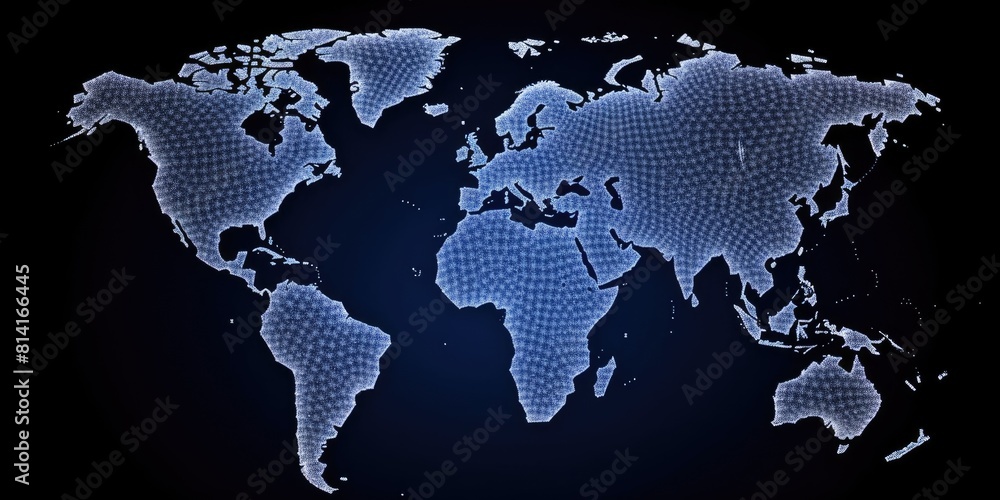 Poster glowing digital world map on a dark background with sparkling light points. global communication and