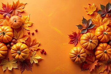 Autumn composition with pumpkins and leaves on orange background. Top view.
