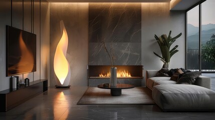 Modern LED floor lamp, sleek silver design, minimalist living room setting, bright and functional