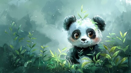 Watercolor panda in bamboo forest. Cartoon scene with cute panda bear in bamboo forest illustration for children.