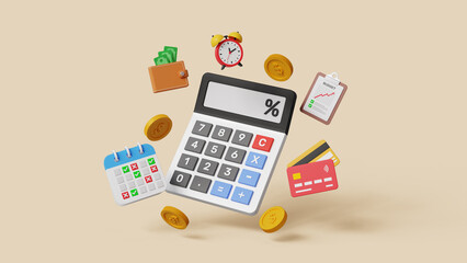 Budget planning. Personal finance to allocate expense or payment, income and saving, accounting concept. 3D calculator with budget planning items