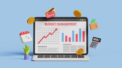 Monthly cost or budget management. Expense, bills, mortgage or debt. Plan for savings or investment and money management concept. 3D laptop with budget planning items