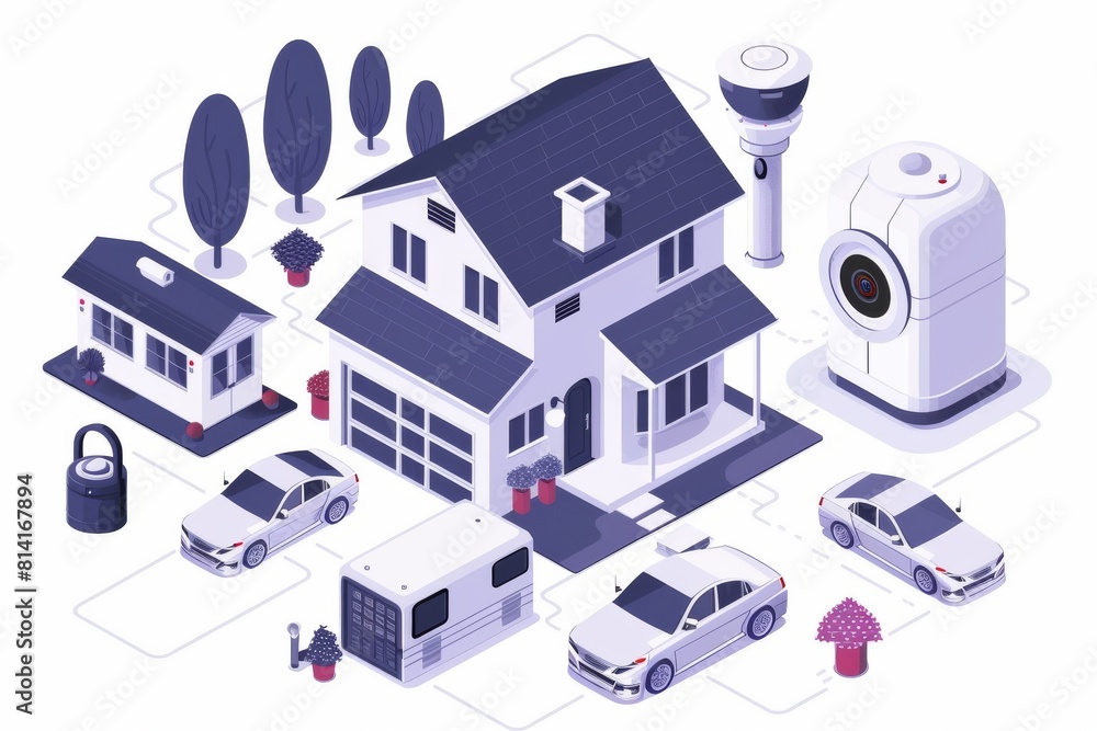 Poster family homes use security cameras with sensors on entry points and voice enabled security for active