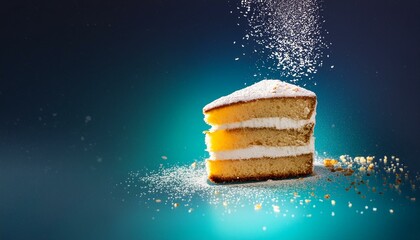 Creative food template. Slice of vanilla sponge cake with flying pieces and biscuit crumb