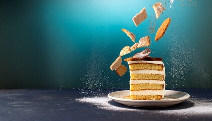 Creative food template. Slice of vanilla sponge cake with flying pieces and biscuit crumb
