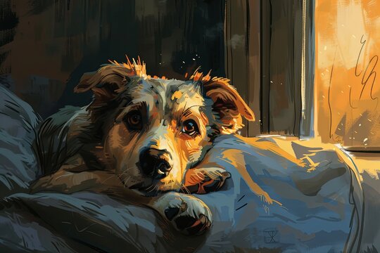 A painting of a dog resting on a pillow in front of a window. Generative AI