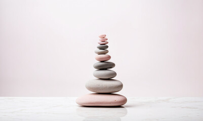 Obraz premium Sculptural Harmony: A tower of balanced rocks embodying natural equilibrium and tranquility. Light white background