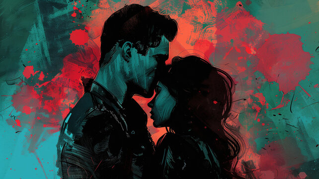 An evocative silhouette of two lovers about to kiss, set against a vibrant splash of contrasting colors. Generative AI