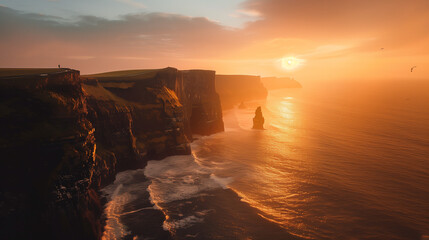 Aerial View of the Cliffs of Ireland at Sunset