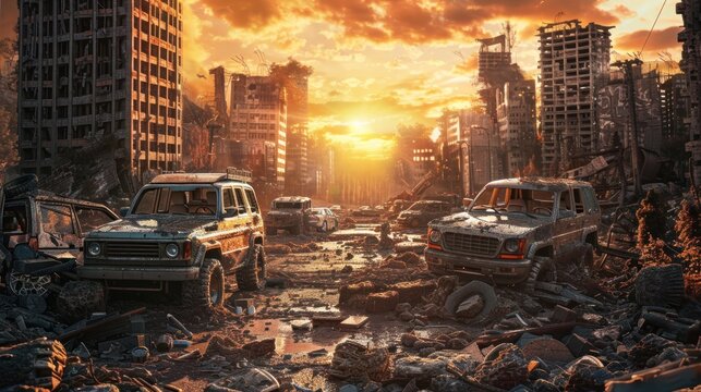 Views of cities and cars destroyed by war and disasters in the future wallpaper AI generated image
