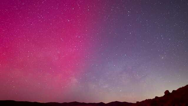 TImelapse of rare aurora borealis over Mojave Desert in Southern California on May 10th, 2024