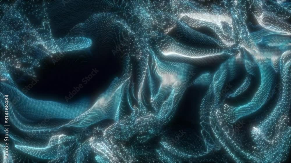 Poster animation of abstract waves made of glowing blue and white particles with floating effect on a dark 