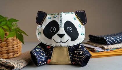 Fabric patchwork toy with visible seams baby panda bear, cartoon, kawaii style, neutral back