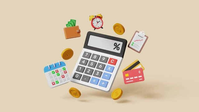 Budget planning. Personal finance to allocate expense or payment, income and saving, accounting concept. 3D calculator with budget planning items. 4k 3d animation