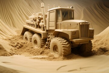 Obraz premium Expertly crafted sand sculpture of a military truck displayed in an indoor sand exhibition