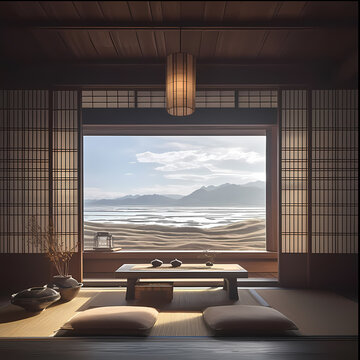 Experience the serene ambiance of a traditional Japanese residence with a breathtaking view of the ocean from your tatami room.