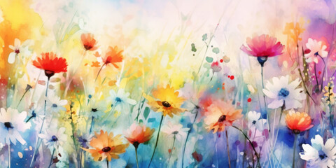 Watercolor Colorful Flower Meadow Panorama Background