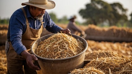 A Farmer Utilizing Biomass DerivedAgricultural Waste for Sustainable Agriculture.
