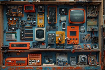 Tech repair workshop with various gadgets disassembled, circuit boards visible, troubleshooting, skillful