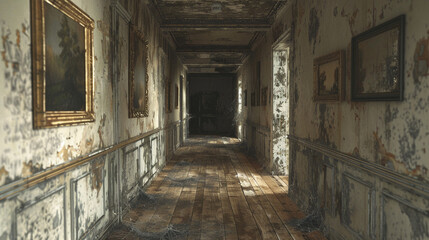 An abandoned art gallery with peeling paint and dusty floors. Cobwebs cling to the corners of empty, tarnished frames.