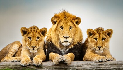 lion with his kids isolated with white background