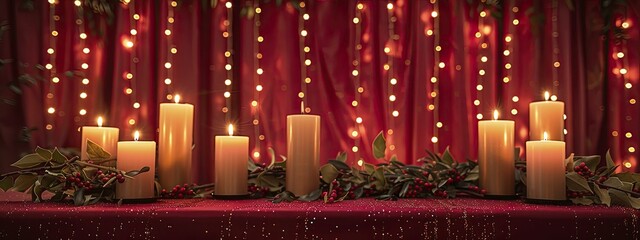 an unforgettable holiday ambiance with radiant candle holders on crimson tablecloths, featuring an open space for invitation specifics.