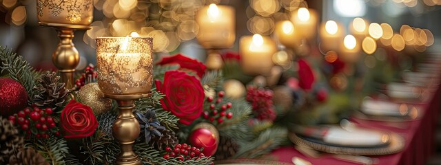 Fototapeta premium a luxurious holiday setting with elegant golden candle holders on crimson tablecloths and a central space for invitation specifics.