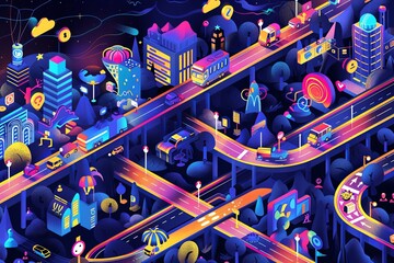 The illustration depicts a futuristic city at night, brightly illuminated with digital lights and towering skyscrapers. Generative AI