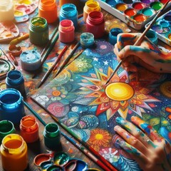 hands paint a bright picture of the sun with colors, pagan culture