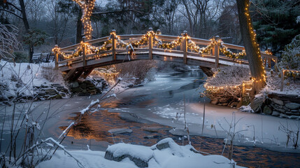 A rustic wooden bridge spanning over a frozen stream adorned with garlands and twinkling lights to create a magical winter scene