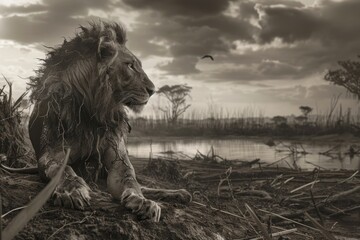 A lion is laying on the ground next to a body of water. environmental pollution concept - Powered by Adobe