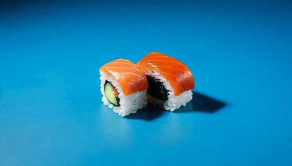 set of two sushi rolls with salmon, red fish, cucumber, rice and avocado on a blue background