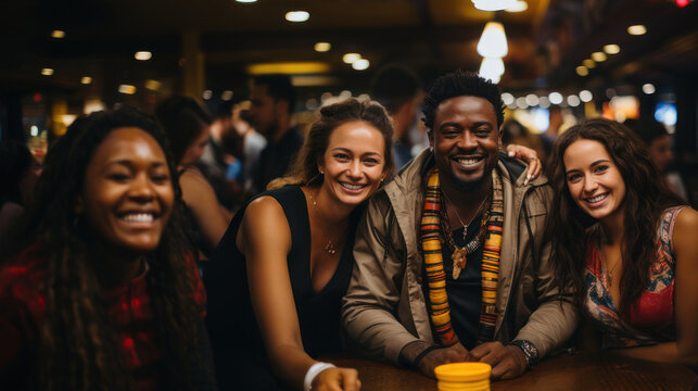 Four Friends Sharing a Joyful Moment at a Busy Bar